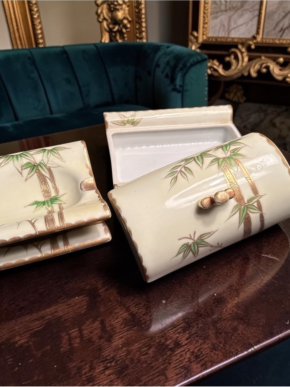 Vintage UCAGCO Japan Porcelain Cigarette Box & Ashtrays Set Bamboo Gold Mid Cent